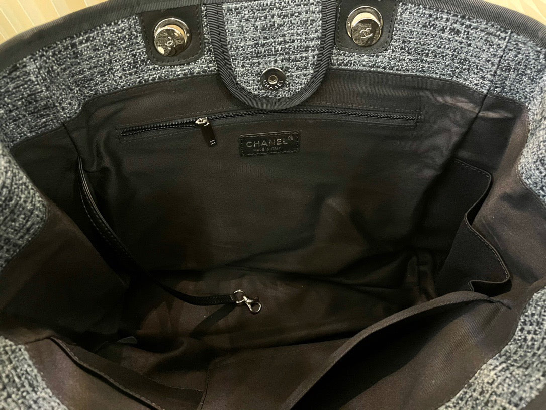 CHANEL Beach Canvas Tote Bag In Gray With Black Leather Strap