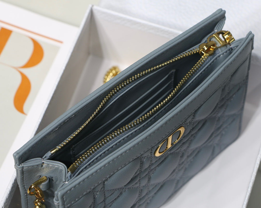 Dior Small Caro Daily Pouch In Haze Blue With Calfskin