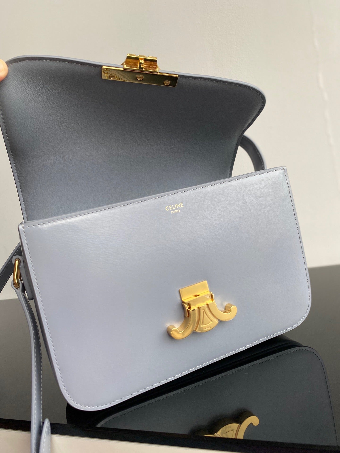 Celine Triomphe Medium Bag In Haze Blue Smooth Calfskin