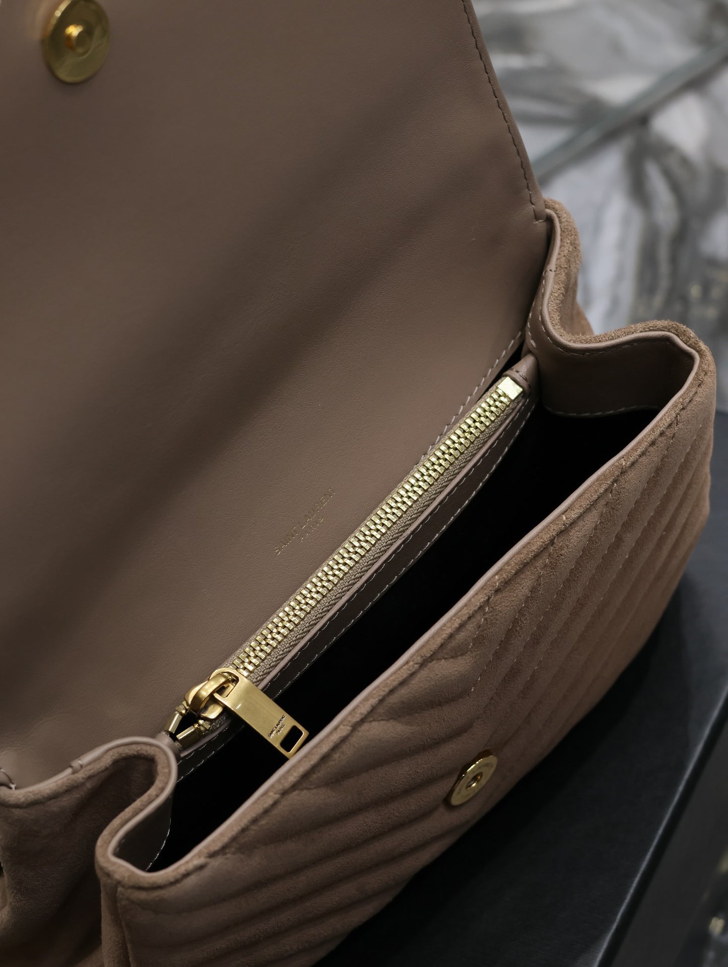 SAINT LAURENT College Ysl-Logo Quilted Brown Suede Shoulder Bag