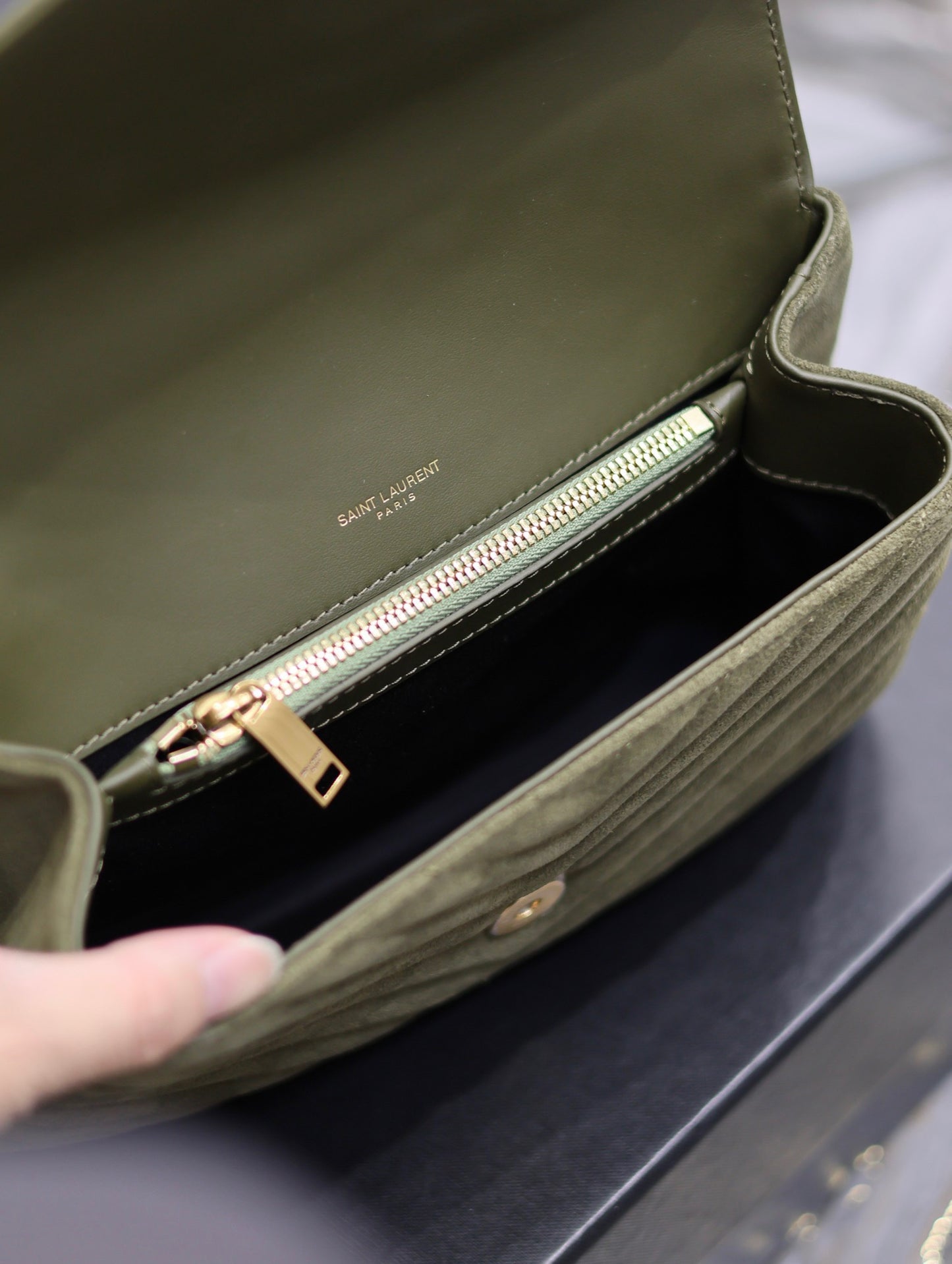 SAINT LAURENT College Ysl-Logo Quilted Green Suede Shoulder Bag