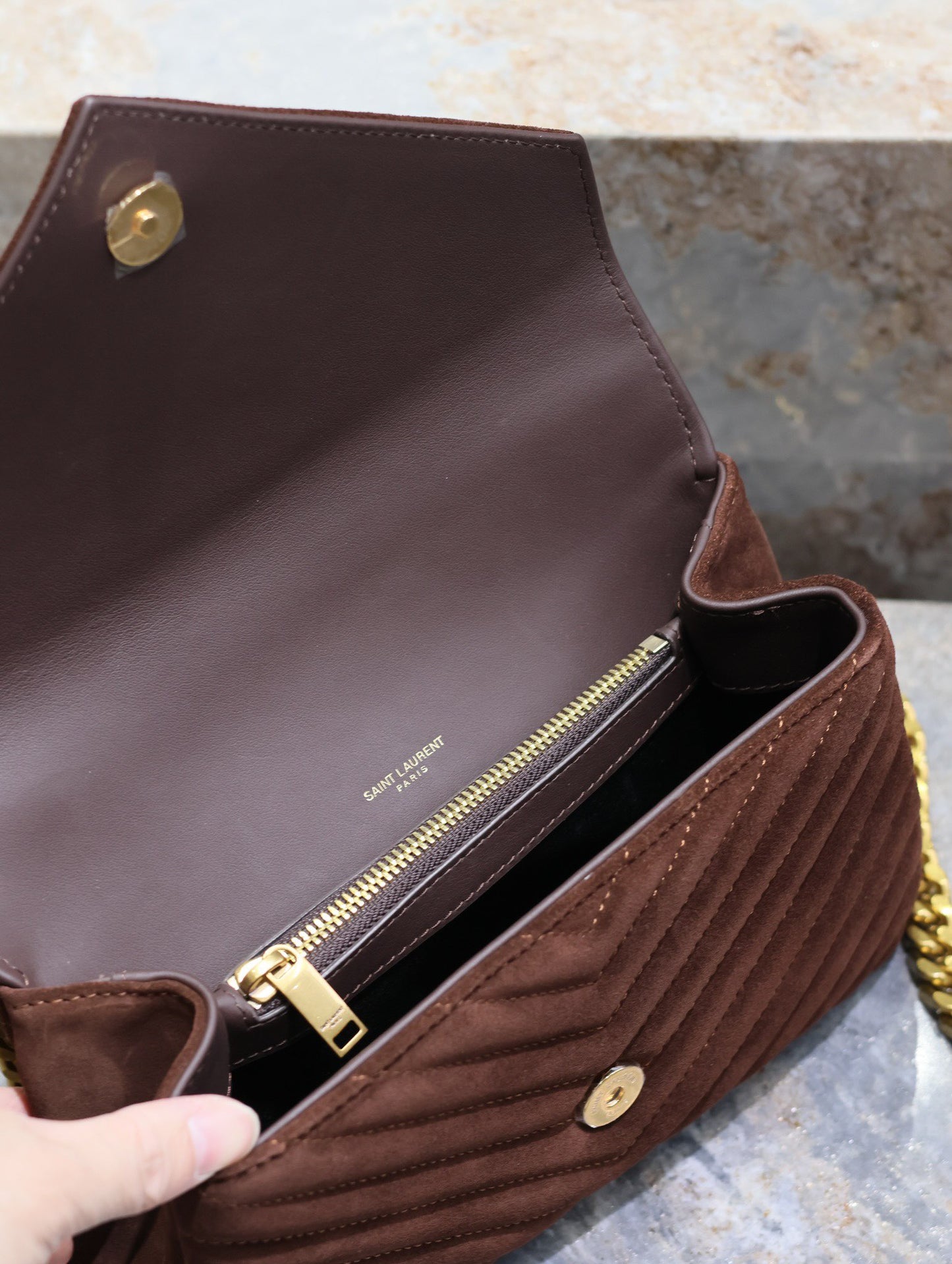 SAINT LAURENT College Ysl-Logo Quilted Burdungy Suede Shoulder Bag
