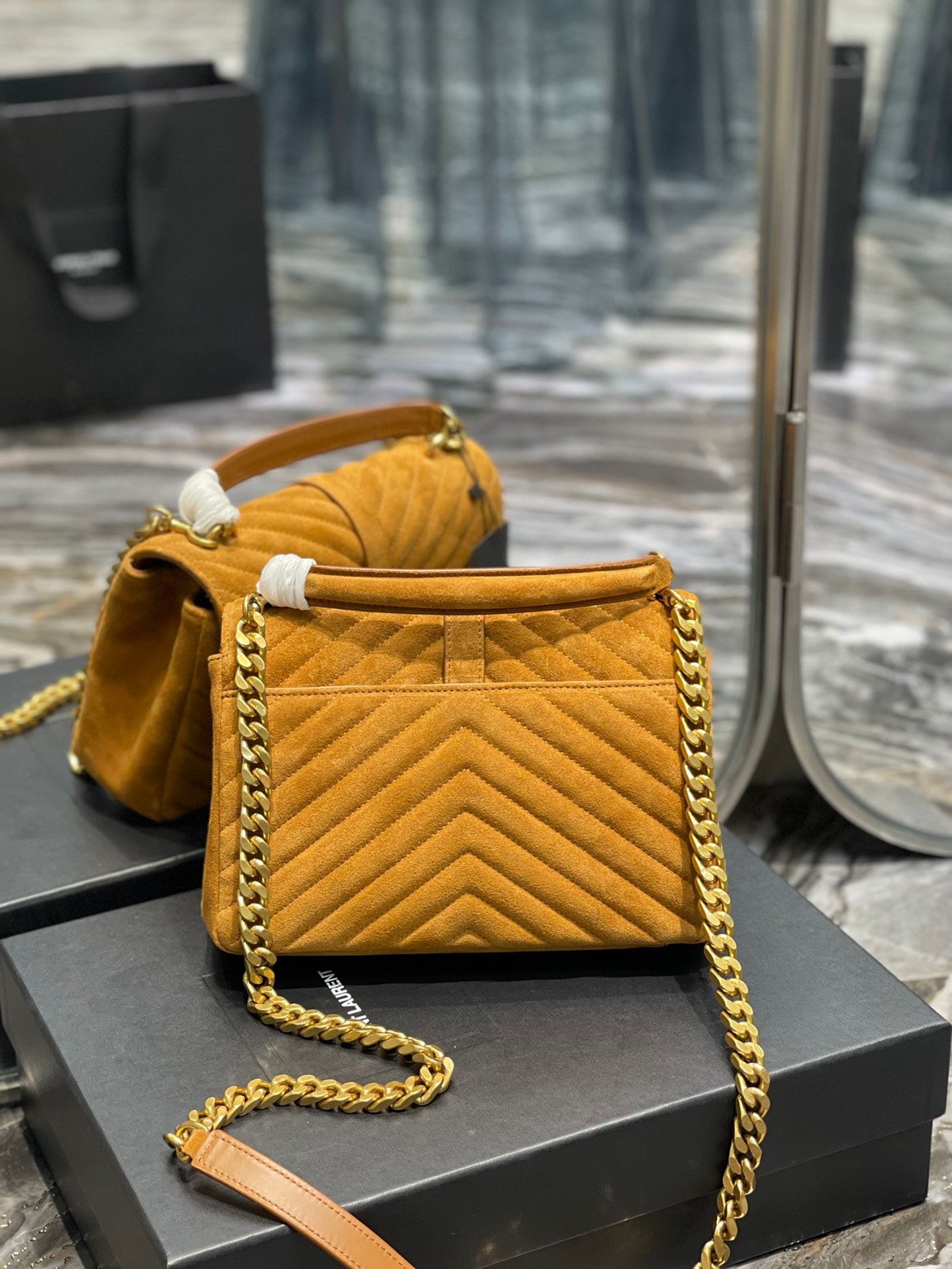 SAINT LAURENT College Ysl-Logo Quilted Yellow Suede Shoulder Bag
