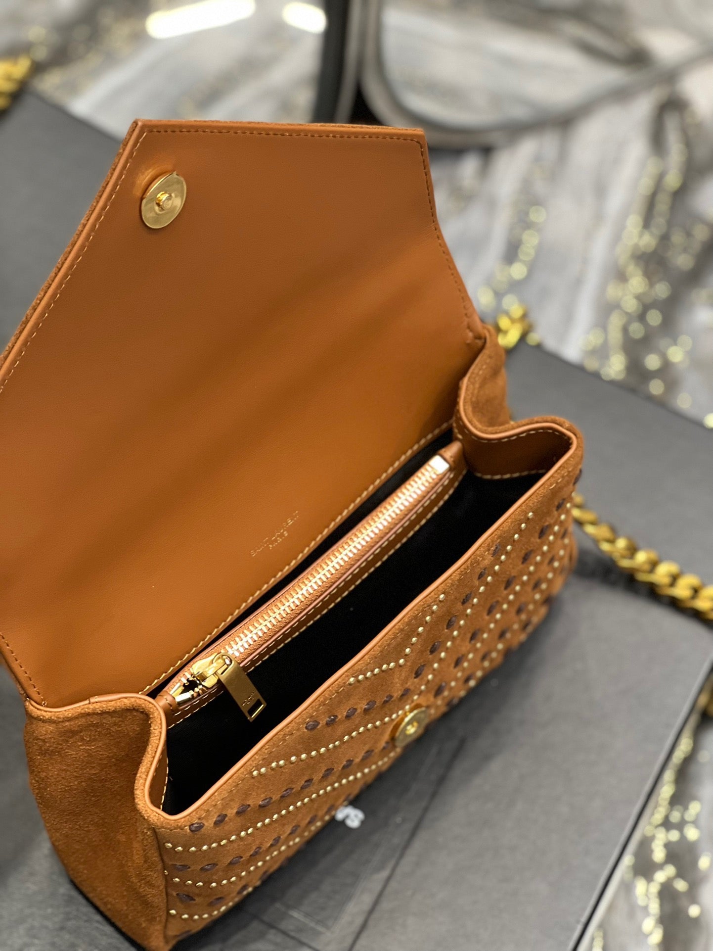 SAINT LAURENT College Ysl-Logo Quilted Gold Brown Suede Shoulder Bag