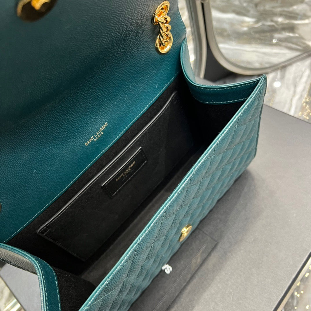 Saint Laurent Envelope Medium Quilted Dark Green Grained Leather Bag