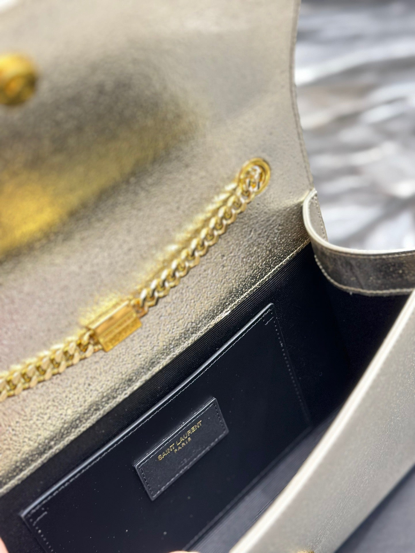 Saint Laurent Kate Medium Chain Bag In Silver Grain De Poudre Leather
