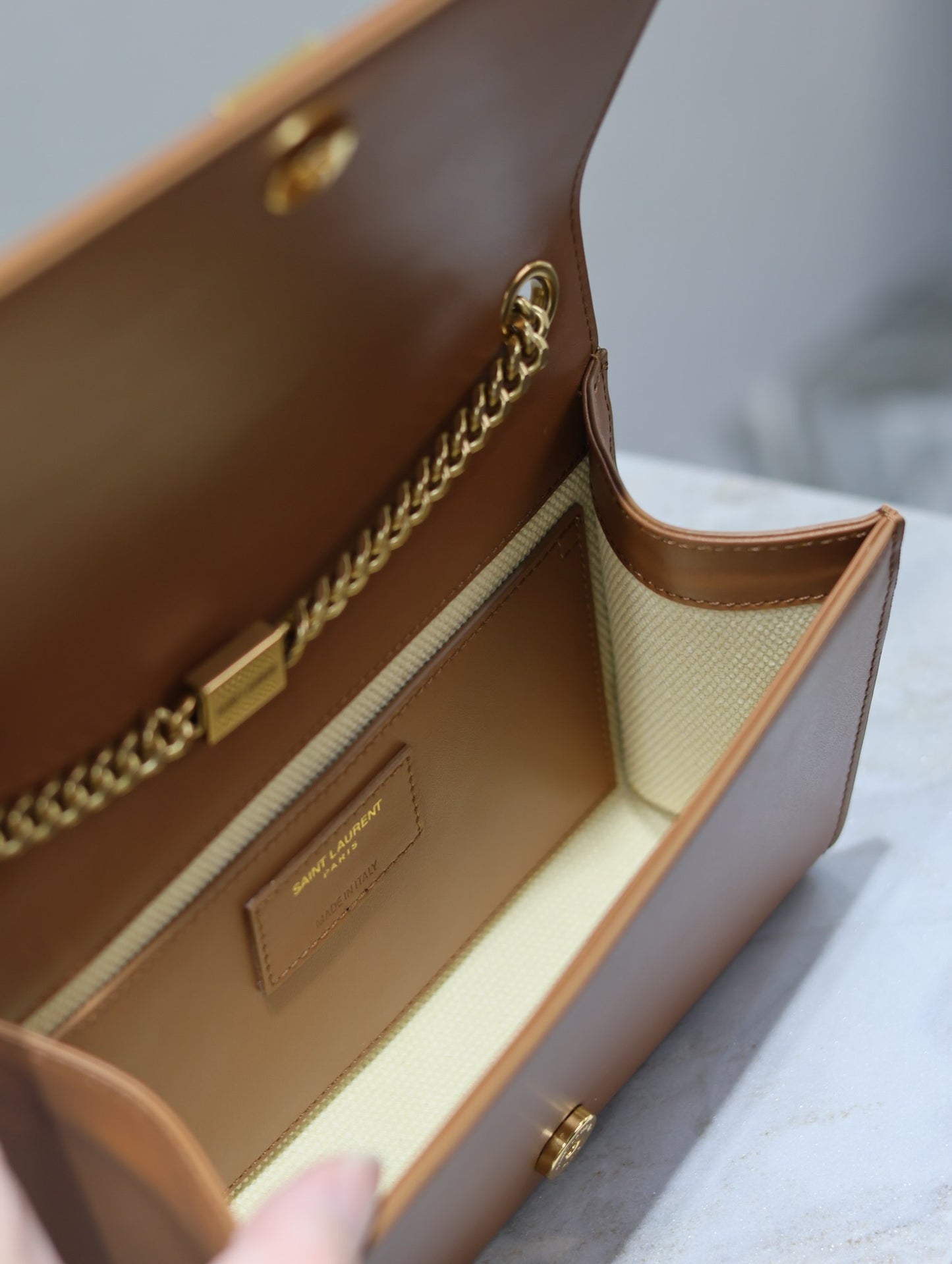 Saint Laurent Kate Small Brown And Beige Matching Glossy Leather Chain Bag