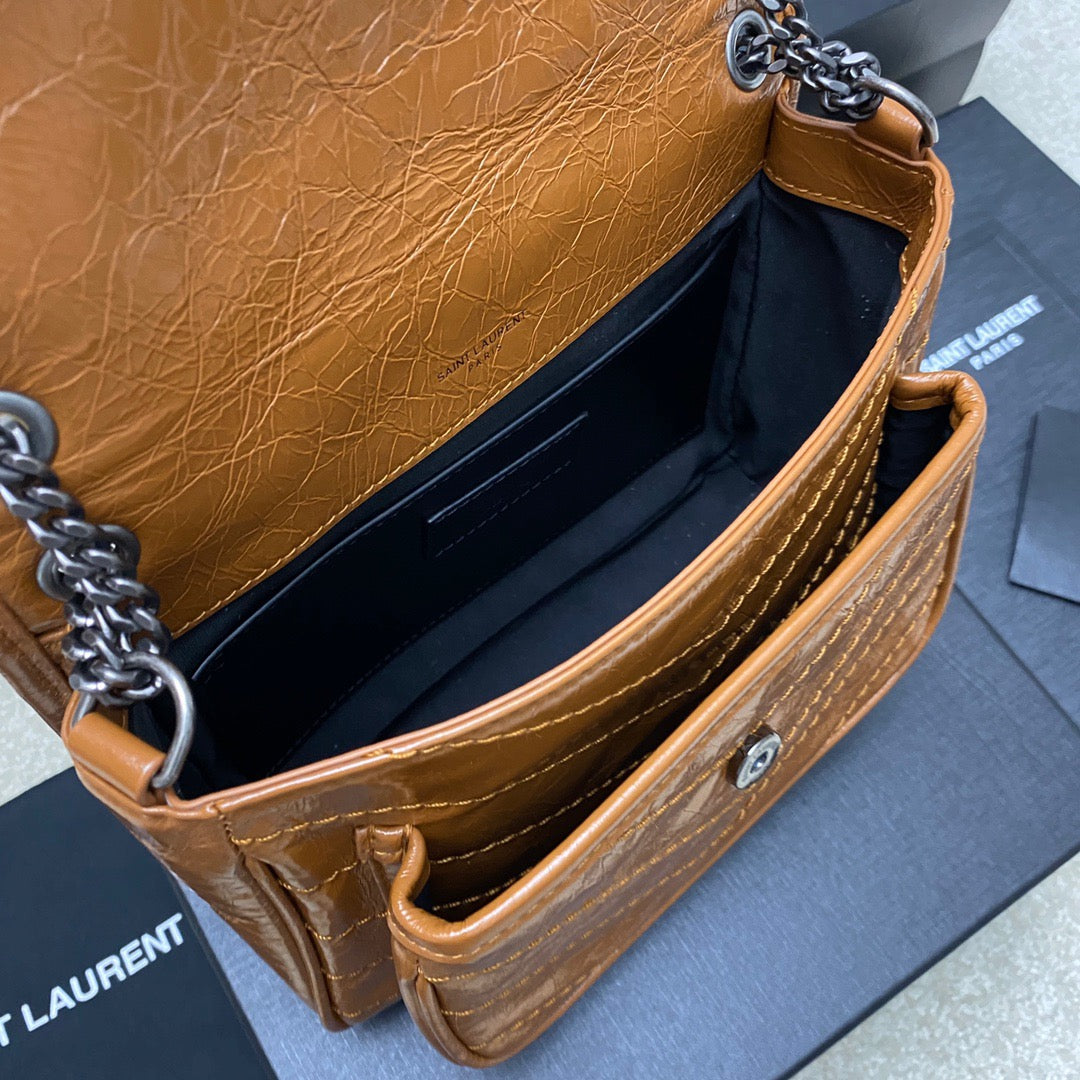Saint Laurent Niki Baby Chain Bag In Gold Brown Crinkled Leather