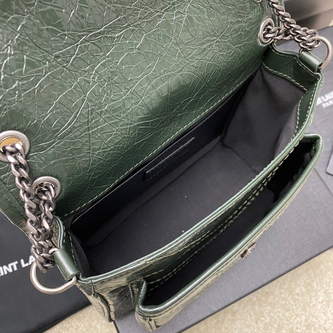 Saint Laurent Niki Baby Chain Bag In Dark Green Crinkled Leather