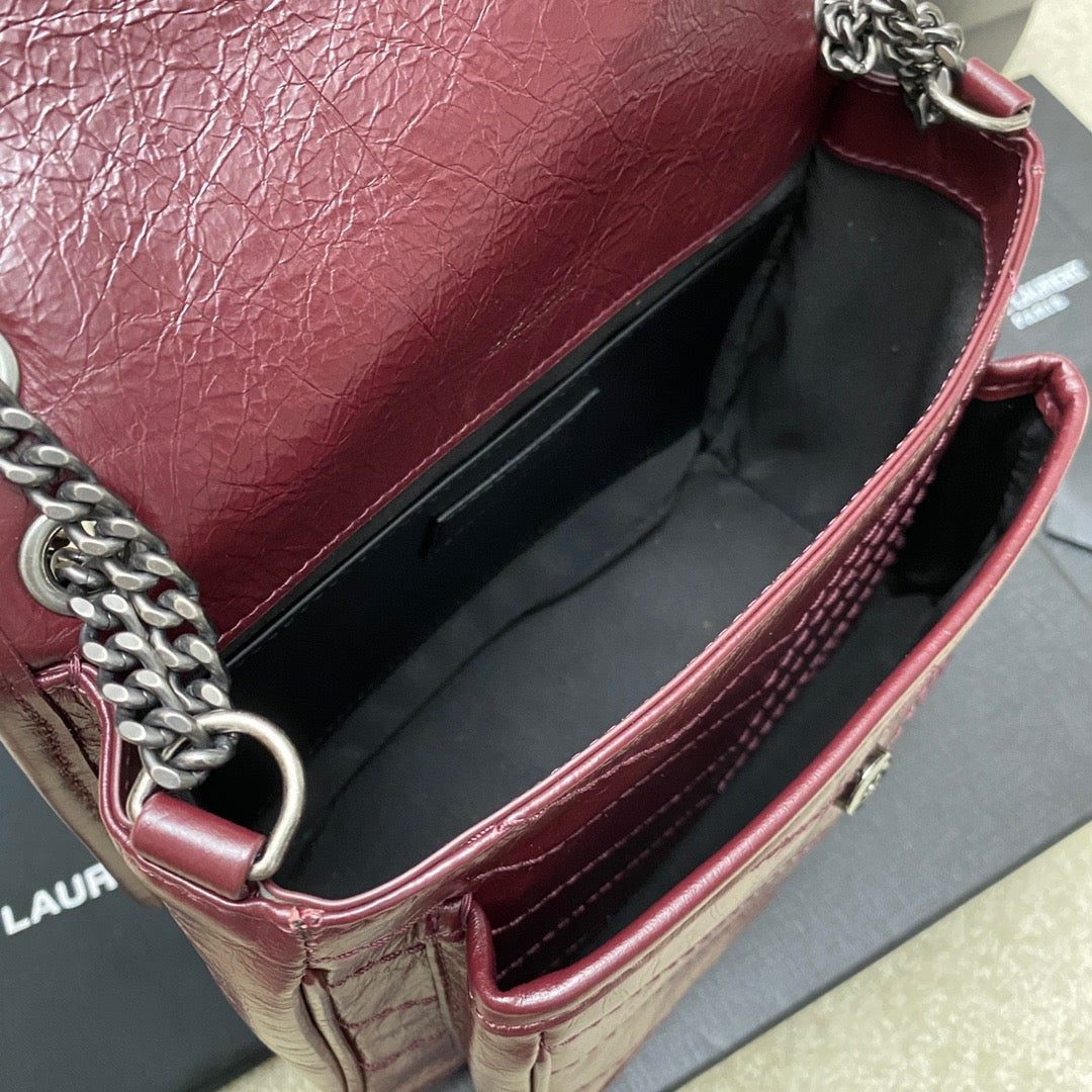 Saint Laurent Niki Baby Chain Bag In Burdungy Crinkled Leather