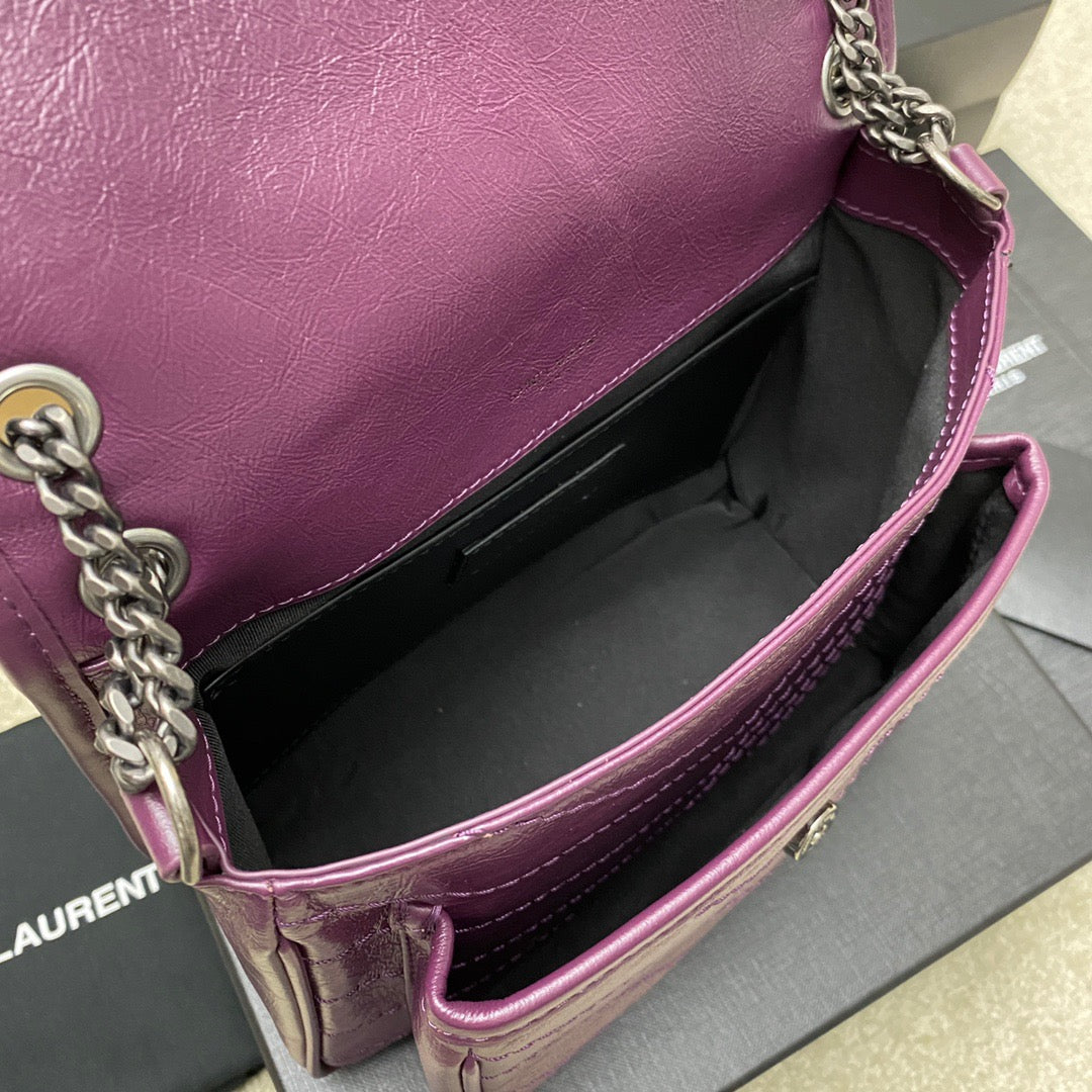 Saint Laurent Niki Baby Chain Bag In Purple Crinkled Leather