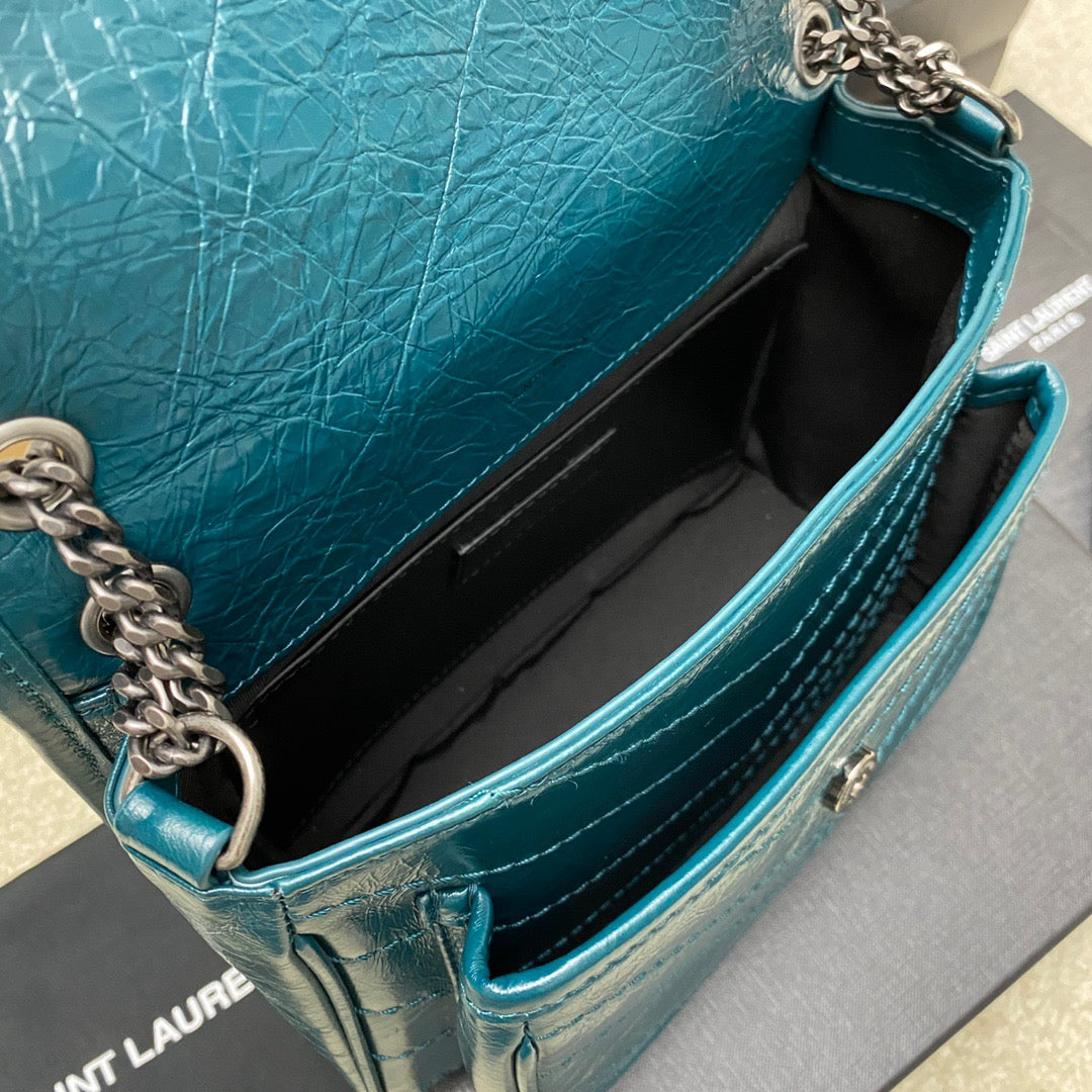 Saint Laurent Niki Baby Chain Bag In Jean Blue Crinkled Leather