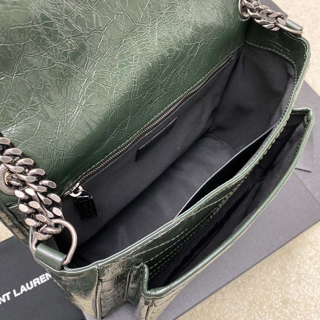 Saint Laurent Niki Medium Chain Bag In Dark Green Crinkled Leather