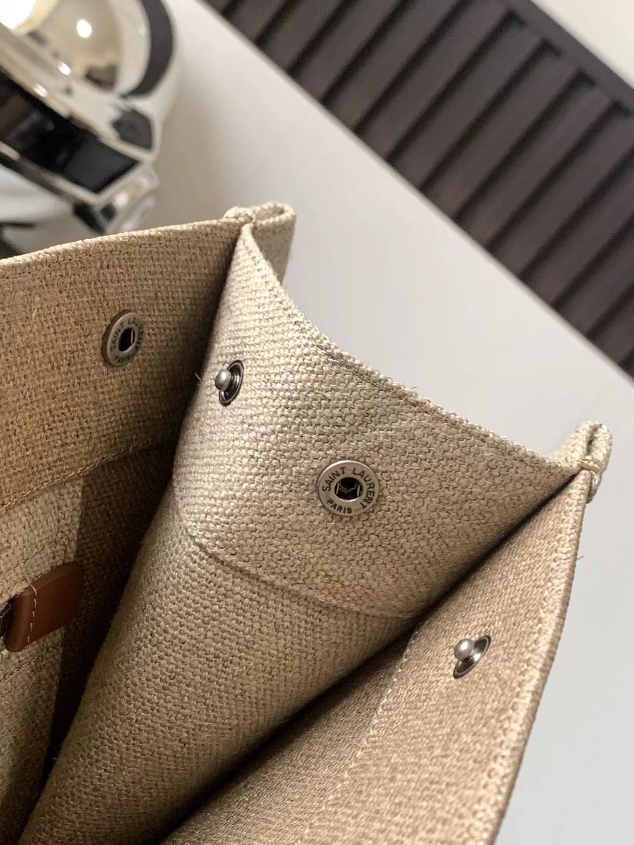 Saint Laurent Rive Gauche Small Tote Bag in Brown Linen and Leather