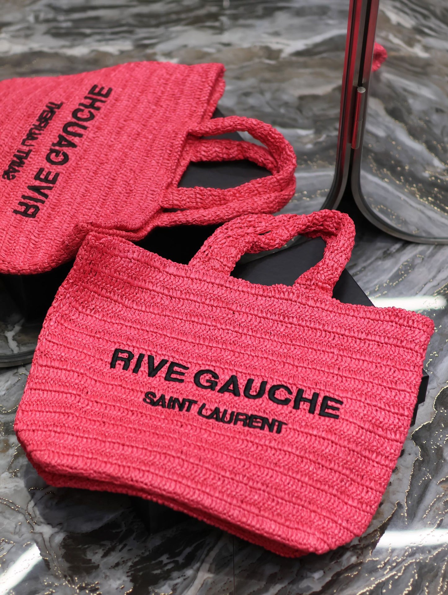 Saint Laurent Rive Gauche Tote Bag in Pink Raffia Crochet