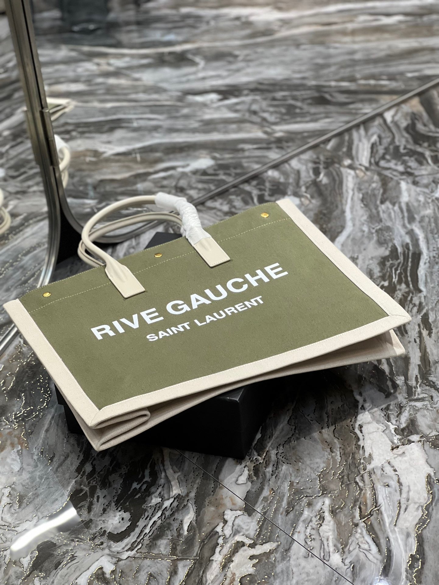 Saint Laurent Rive Gauche Tote Bag in Green Linen and Beige Leather
