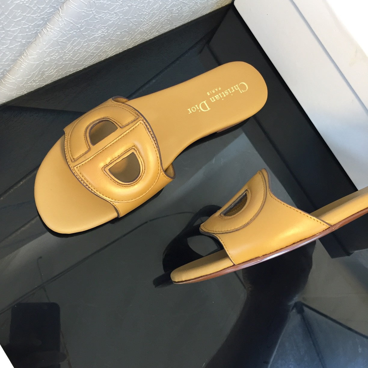 Dior Women D-Club Slide Yellow Calfskin Leather ‘CD’ Signature