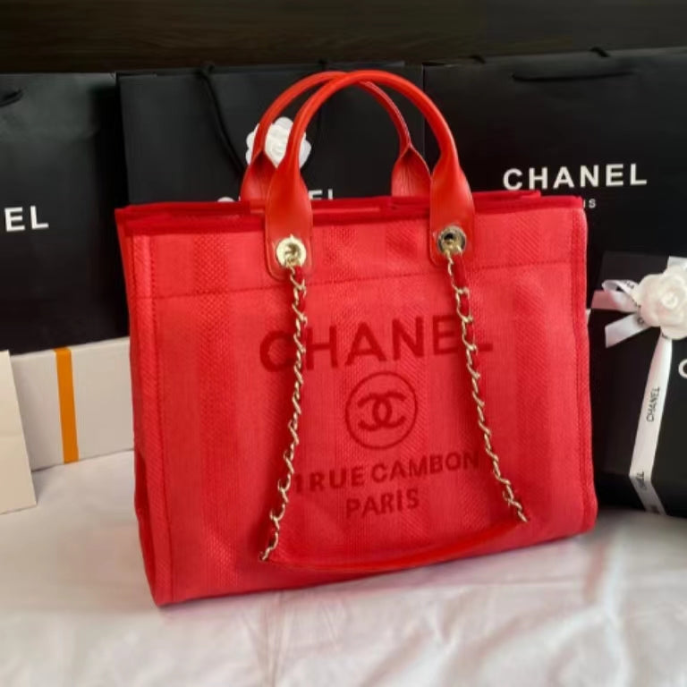 CHANEL Beach Canvas Tote Bag In Red With Red Leather Strap