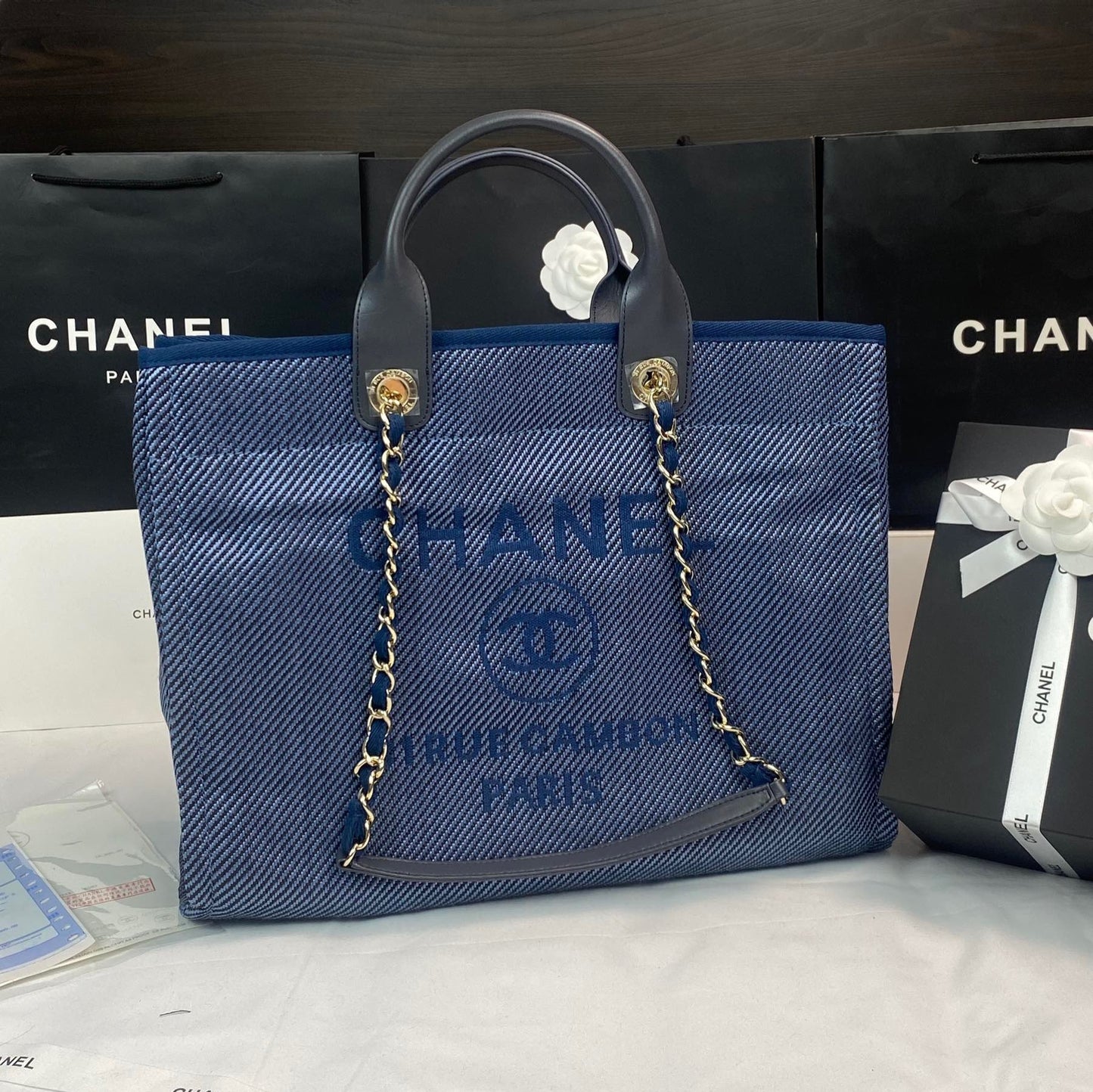 CHANEL Beach Canvas Tote Bag In Denim Blue With Black Leather Strap