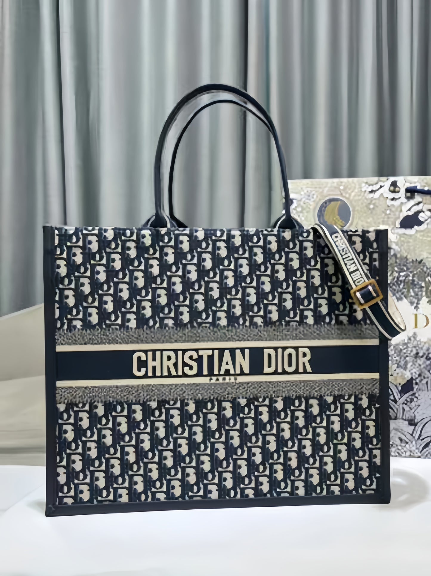 Dior Large Book Tote Bag In Dark Blue Canvas