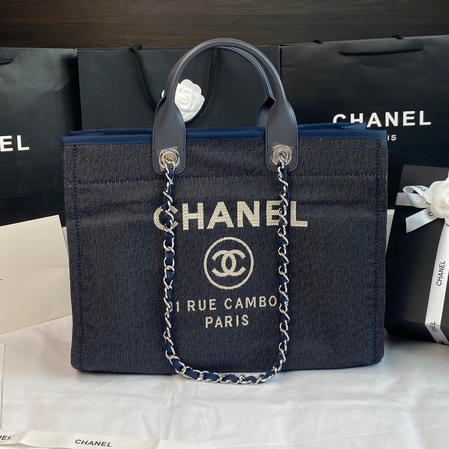 CHANEL Beach Tote Bag In Dark Blue with Silver Tone Chain Link