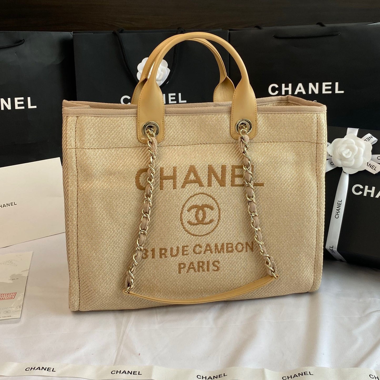 CHANEL Beach Canvas Tote Bag In Yellowish Brown With Yellow Leather Strap