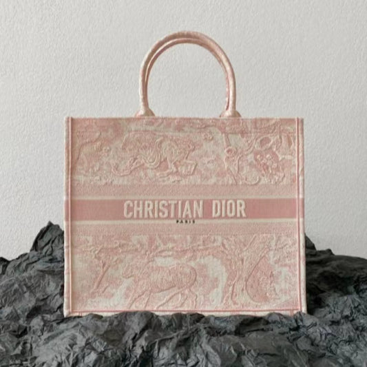 Dior Large Book Tote Bag In Pink Toile de Jouy Reverse Embroidery