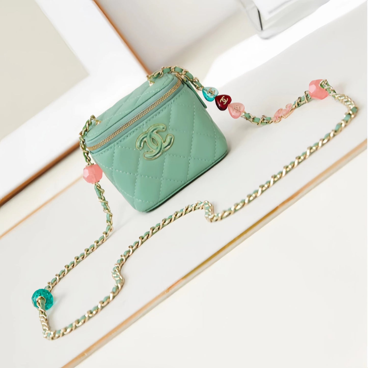 Chanel Classic CC Vanity Case Green Lambskin Gold Hardware