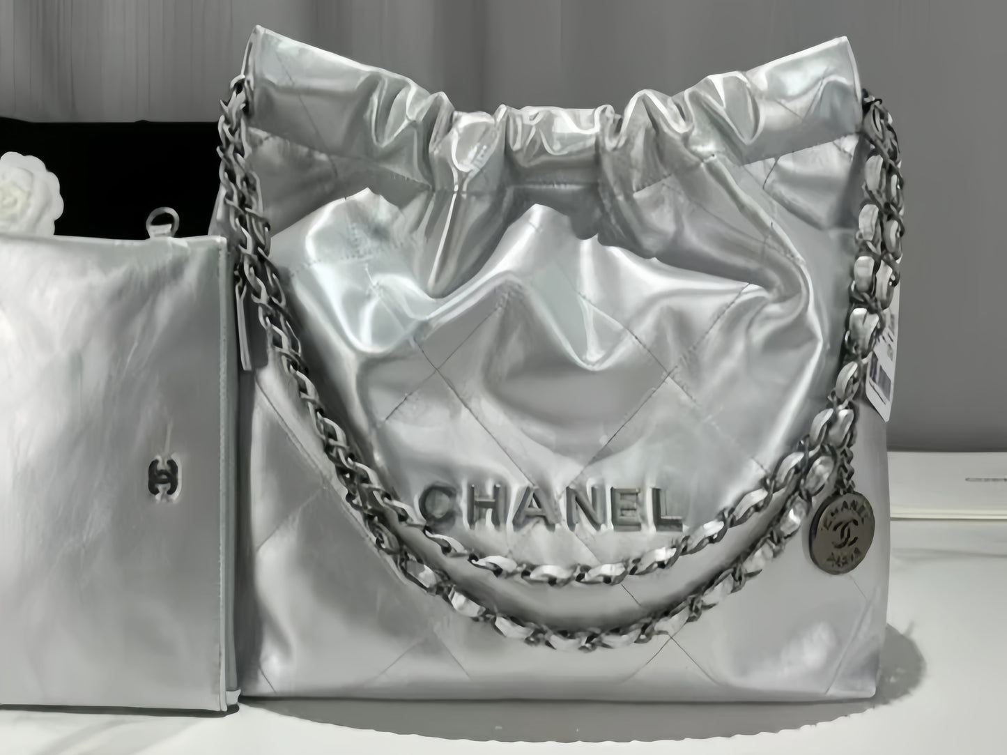 Chanel 22 Bag In Silver Calfskin Leather