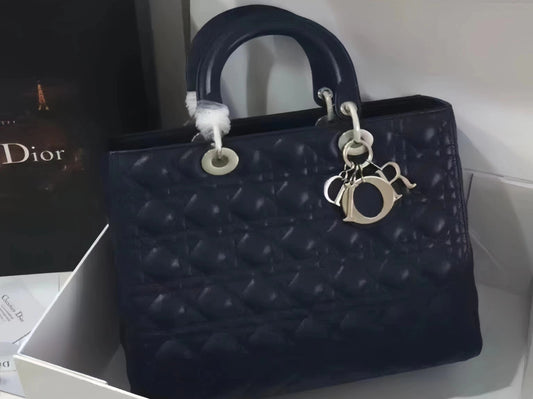 Dior Lady Dior Large Bag In Dark Blue Cannage Lambskin