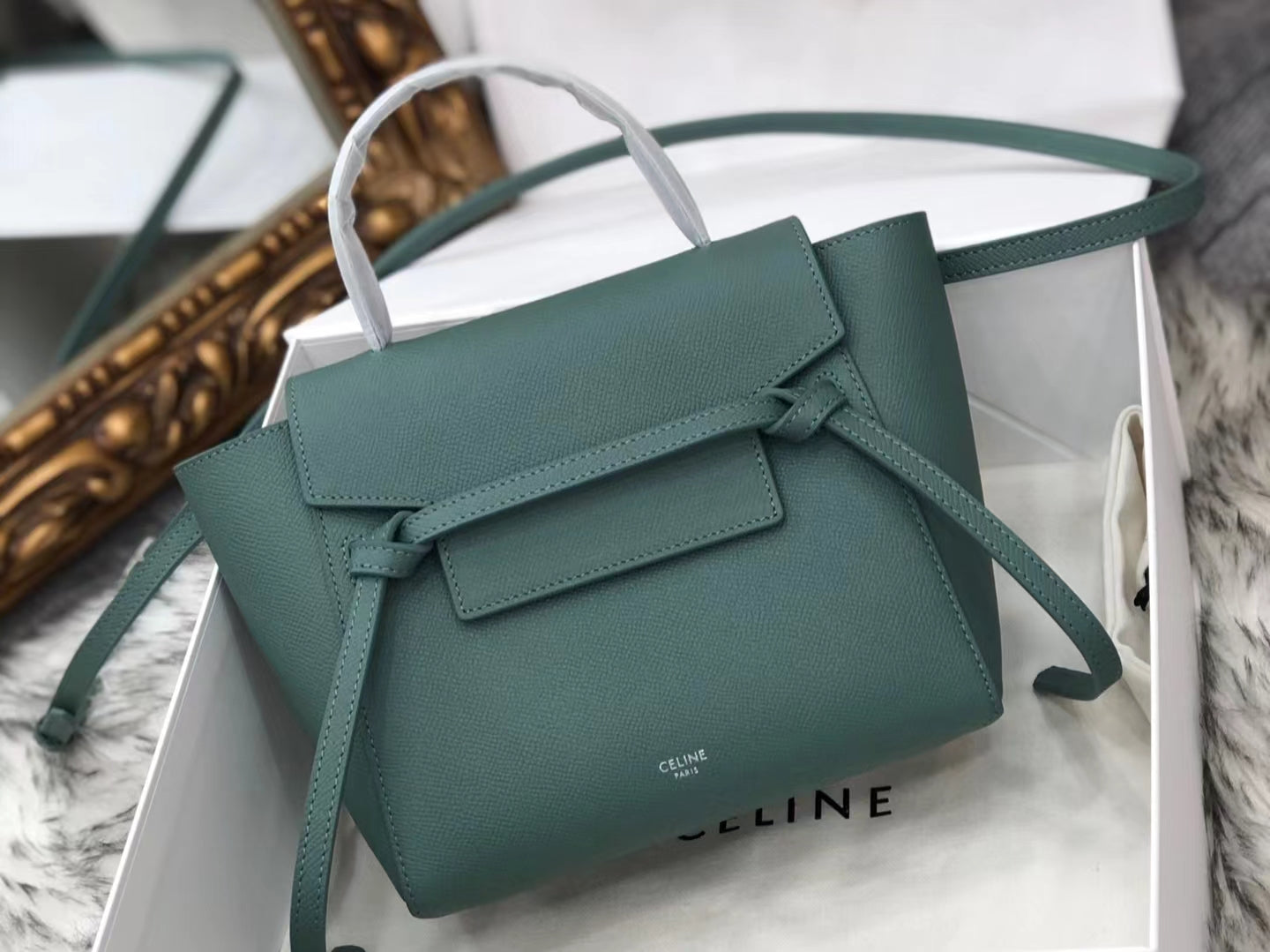 Celine Belt Nano Bag In Dark Green Grained Calfskin