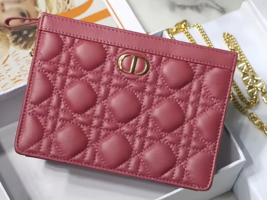 Dior Small Caro Daily Pouch In Rose Red With Calfskin