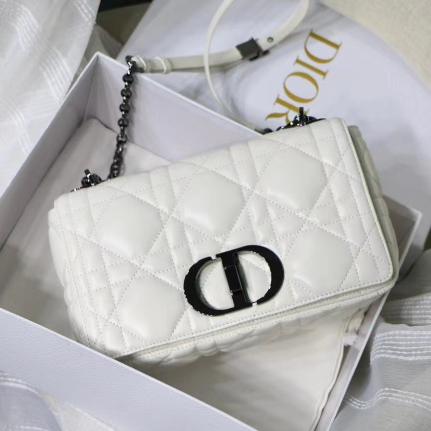 Dior Caro Small Bag In White Cannage Calfskin With Black Hardware