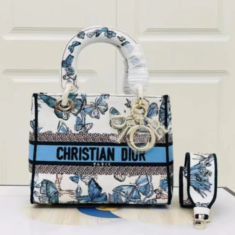 Dior Lady D-Lite Medium Bag In Blue Butterfly Embroidery