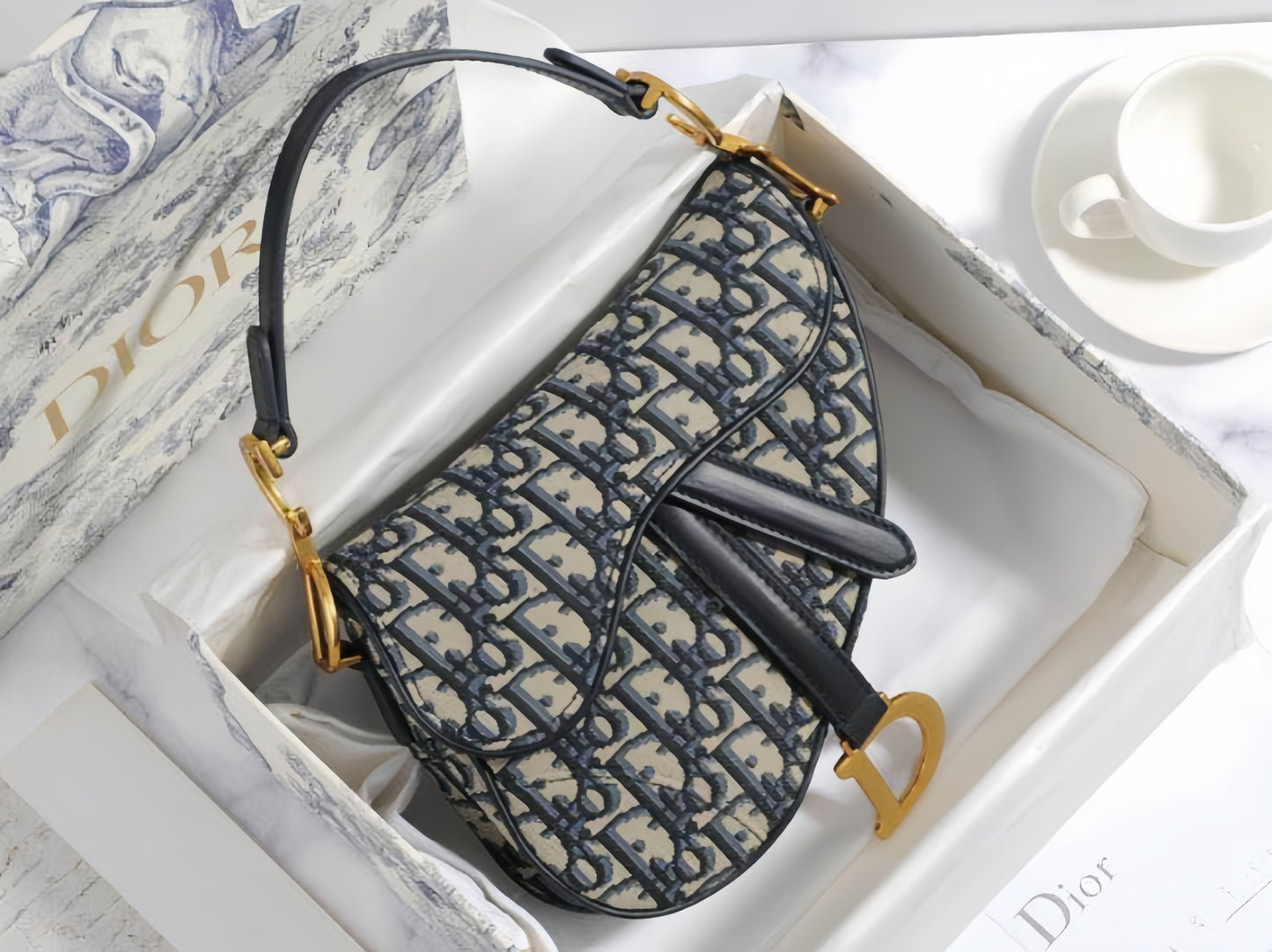 Dior Saddle Bag with Strap in Blue Oblique Jacquard