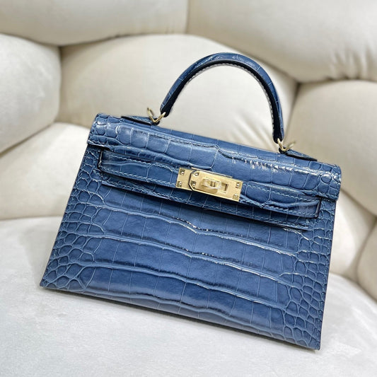 Hermes Blue Crocodile Mini Kelly II 20 cm With Gold Hardware