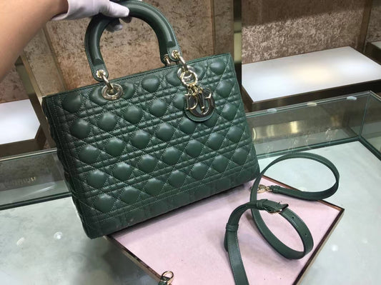 Dior Lady Dior Large Bag In Dark Green Cannage Lambskin