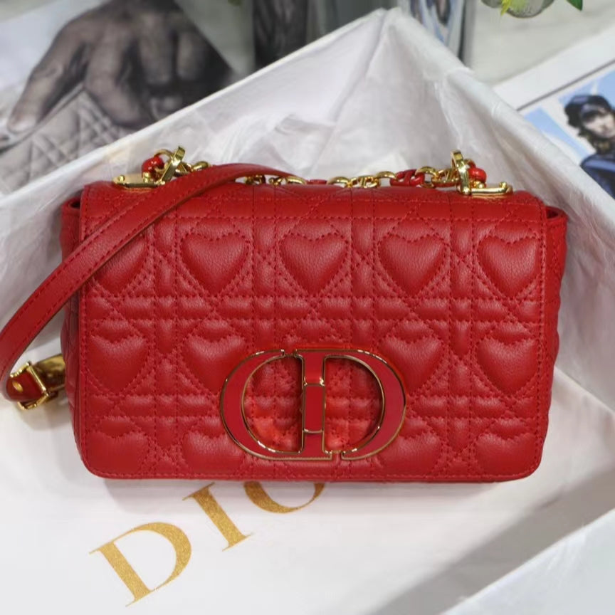 Dior Caro Small Bag In Red Cannage Calfskin With Red Hardware