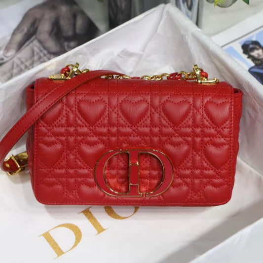 Dior Caro Small Bag In Red Cannage Calfskin With Red Hardware