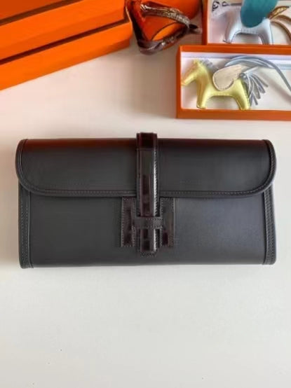 Hermes Jige Clutch In Black Crocodile Leather