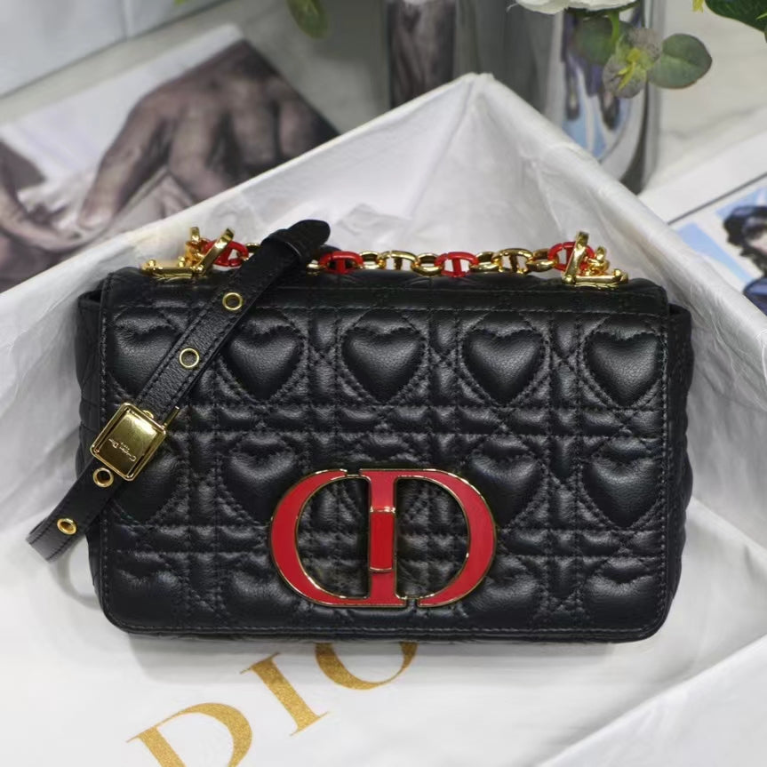 Dior Caro Small Bag In Black Cannage Calfskin With Red Hardware