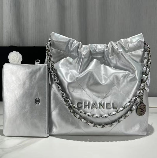 Chanel 22 Bag In Silver Calfskin Leather