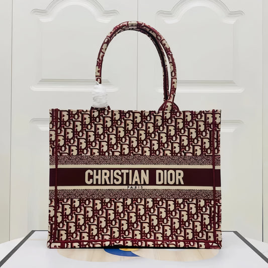 Dior Burgundy Old Flower Embroidery Series Medium Tote Bag