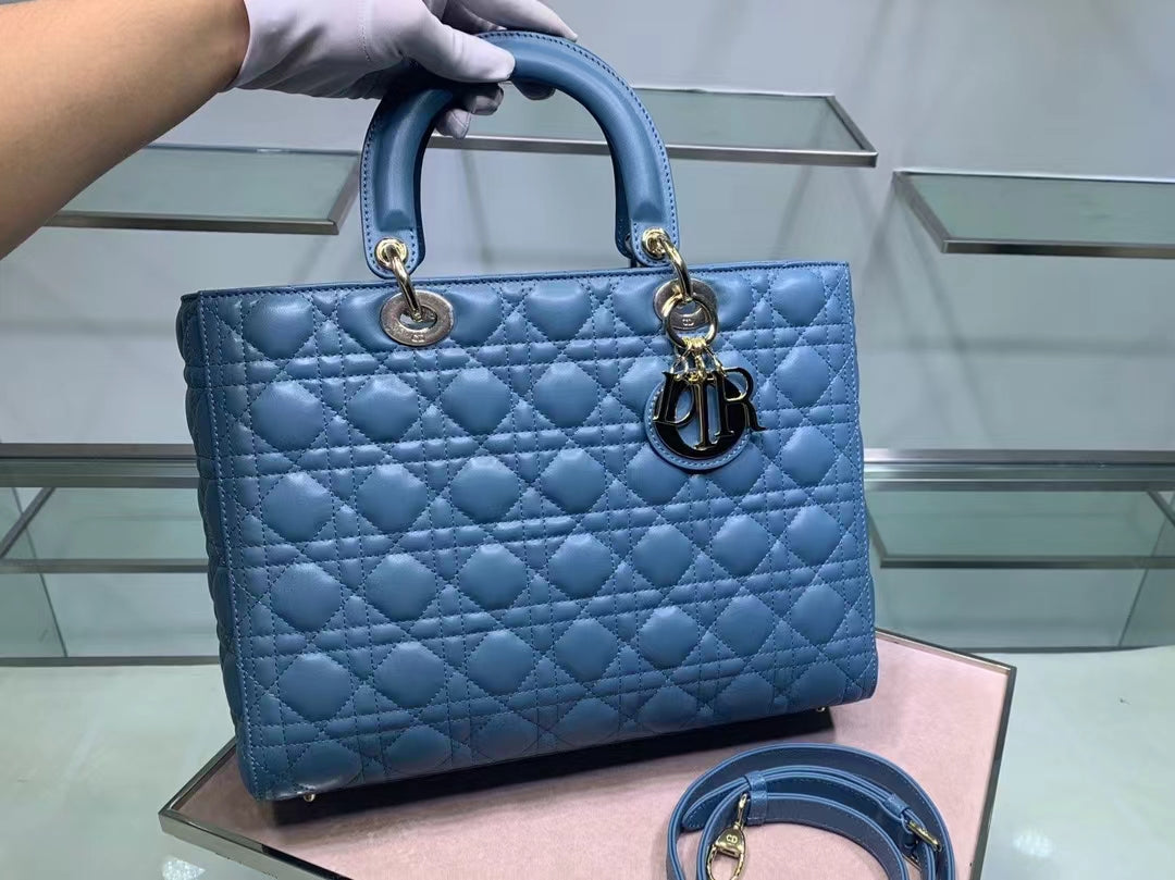 Dior Lady Dior Large Bag In Blue Cannage Lambskin