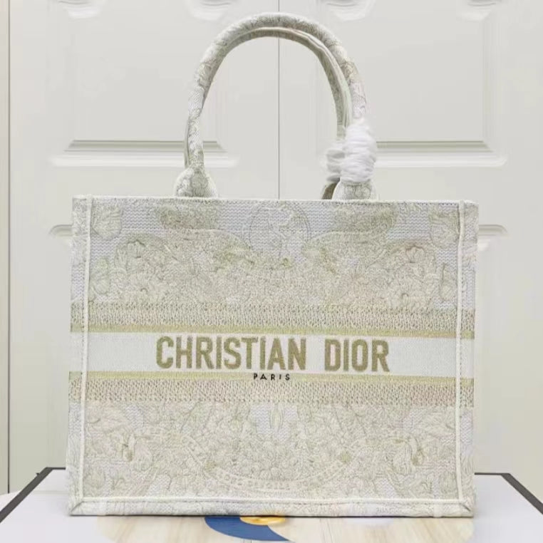 Dior Christmas Golden Butterfly Embroidery Series Medium Tote Bag