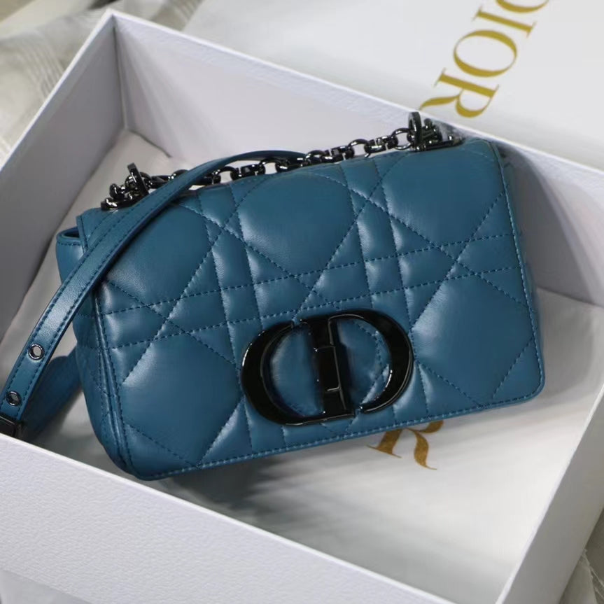 Dior Caro Small Bag In Navy Blue Cannage Calfskin With Black Hardware