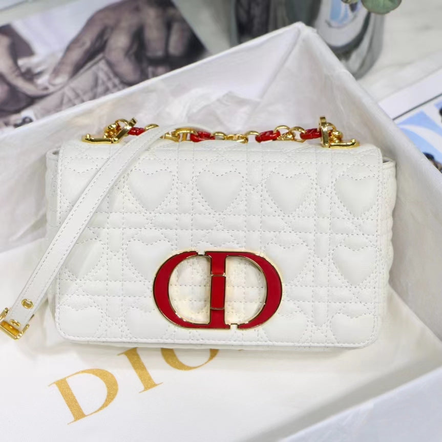 Dior Caro Small Bag In White Cannage Calfskin With Red Hardware