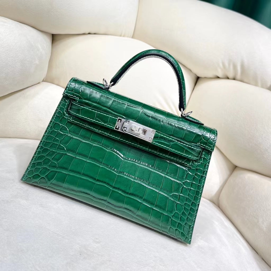 Hermes Dark Green Crocodile Mini Kelly II 20 cm With Silver Hardware