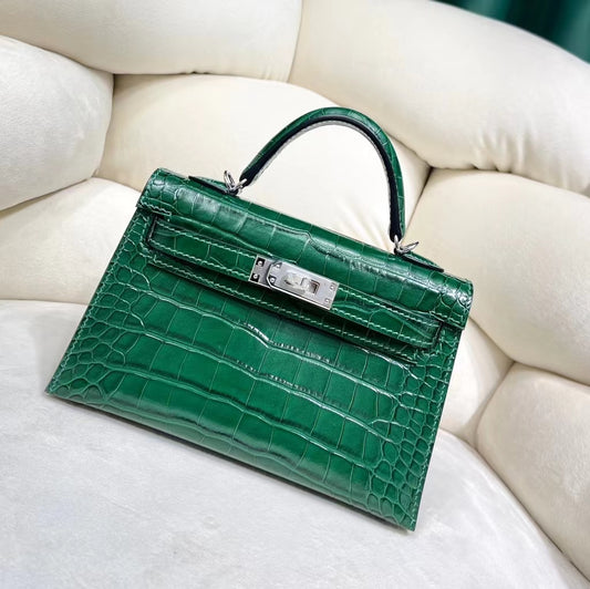 Hermes Dark Green Crocodile Mini Kelly II 20 cm With Silver Hardware