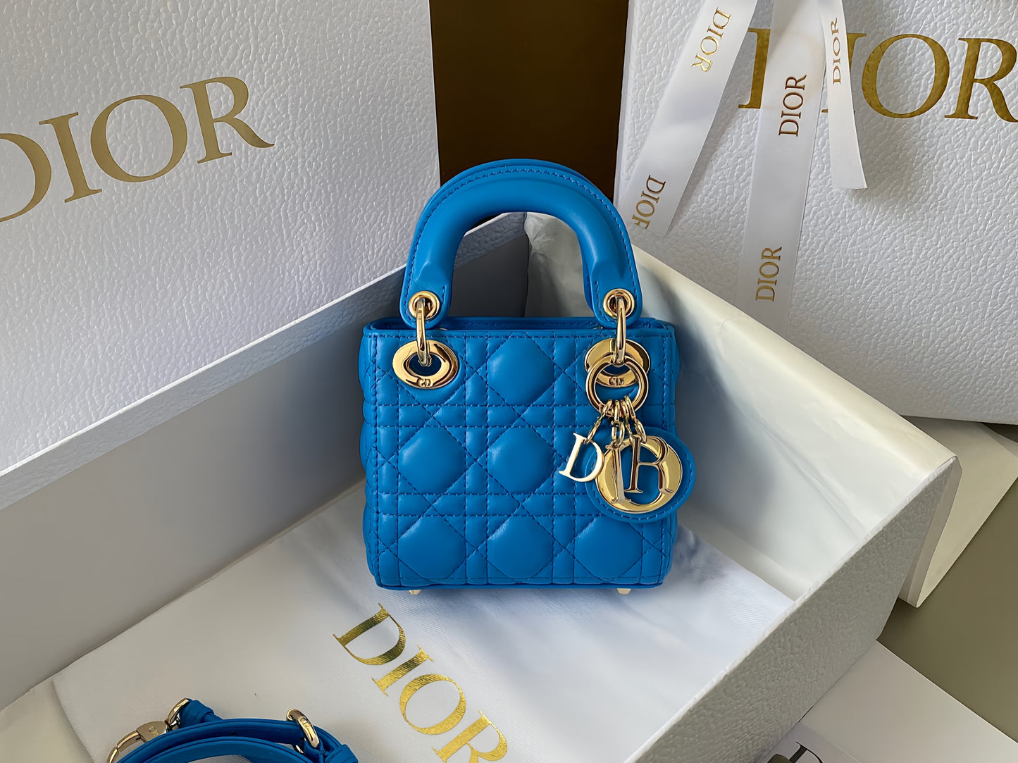 Dior Lady Dior Mini Chain Bag With Chain In Blue Calfskin